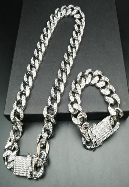 

2cm hip hop necklace gold color iced out crystal miami cuban chain gold silver men necklace amp bracelet set hip hop king new6841368