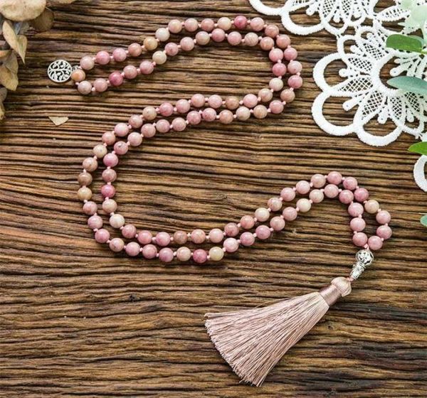 

pendant necklaces 8mm natural rhodochrosite knotted 108 beads japa mala necklace meditation yoga blessing health jewelry women cha3934863, Silver
