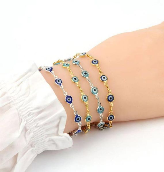 

women dainty evil eye chain bracelet lovely blue eyes beads link chain bangle good luck protection enamel beaded turkish jewelry1353419, Golden;silver