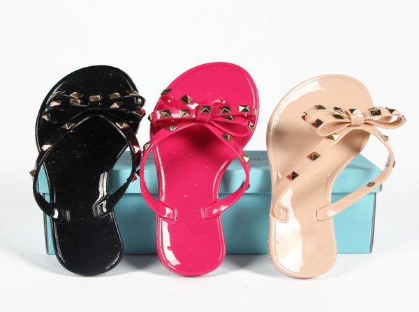 

new european and american ladies flat bottom beach flip flops summer rivet bow sandals sandals5942559, Black