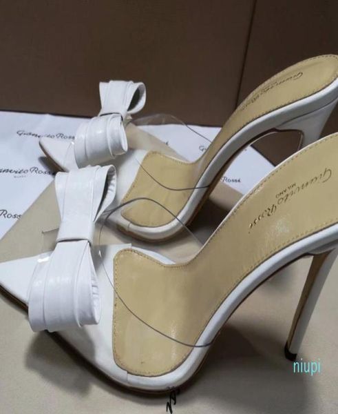 

gianvito rossi white sliver black bowtie ladies summer mules shoes high heeled female dress wedding party pvc sandals slippers wom2505416