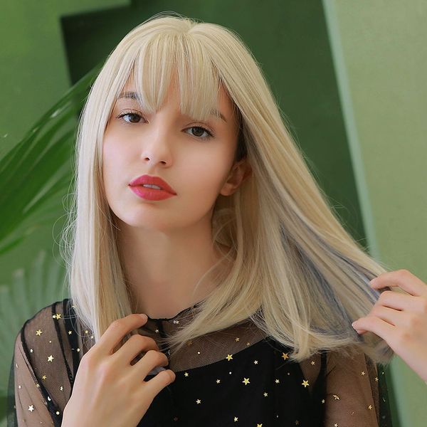 

women's light blonde bob wig with blue highlights shoulder length bob straight synthetic wig with bangs, Black
