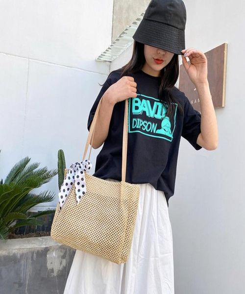 

dropship pb0012 summer fashion straw leisure women039s bags with silk scarf bow one shoulder slung bucket bag 2colors khakibei3840030