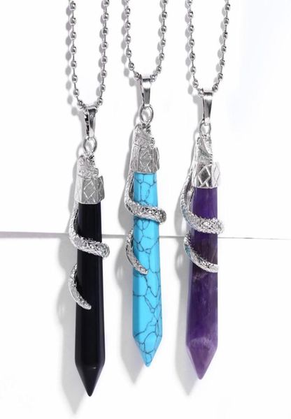 

women hexagon bullet necklace fashion natural gem stone crystal amethyst blue turquoise malachite green aventurine wrap pend7057741, Silver
