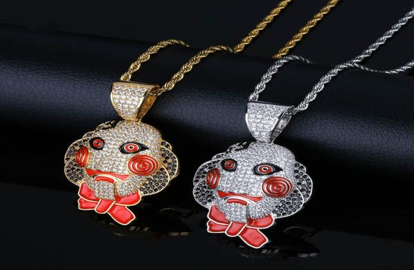

69 saw doll head mask pendant necklace iced out cubic zircon hip hop gold silver color men women charms chain jewelry3002585