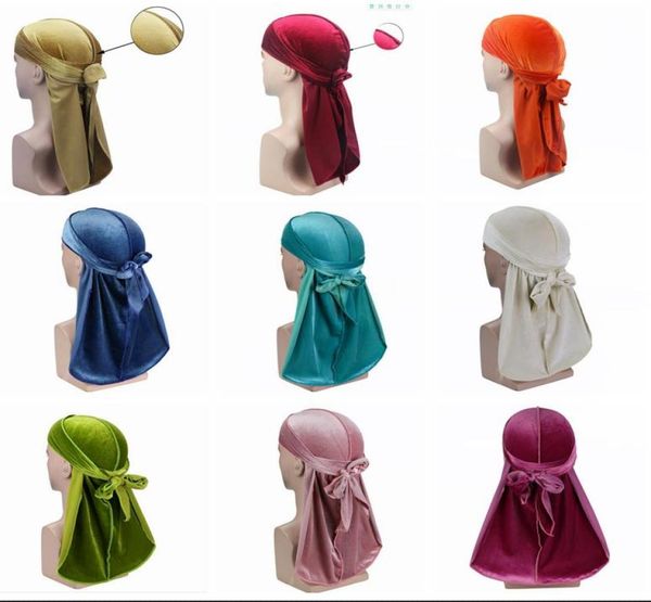 

24 colors velvet durag wave caps extra long tail and wide straps for durag pirate caps make middle stitch on outside hair accesso5763748, Blue;gray