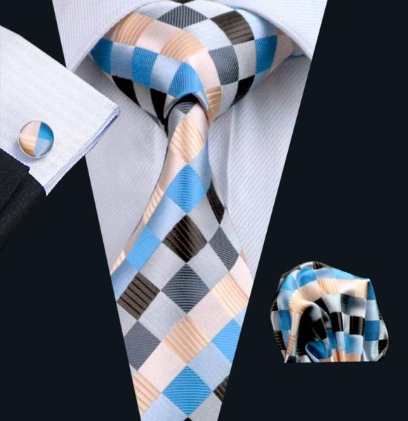 

classic mix color plaid necktie set hankerchief cufflinks jacquard woven mens tie set business work formal meeting leisure n02754198919, Black;blue