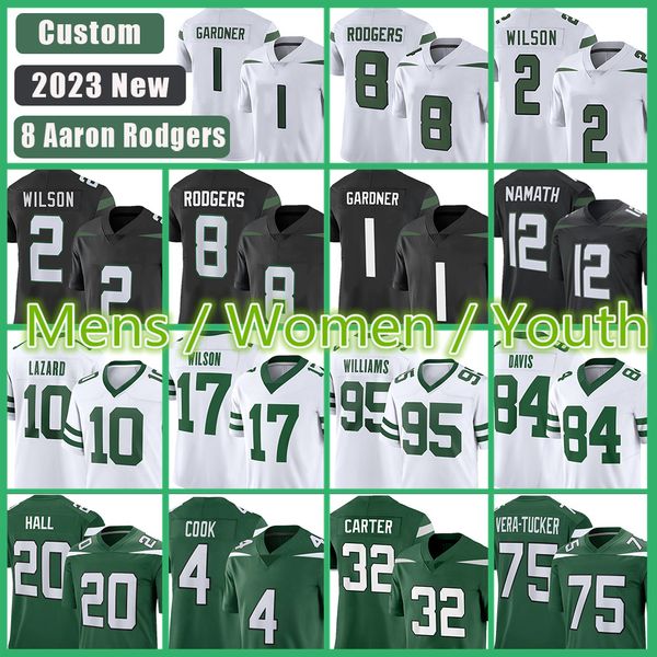 

aaron rodgers football jersey custom garrett wilson zach wilson ahmad sauce gardner quinnen williams allen lazard dalvin cook breece hall mi, Black;red