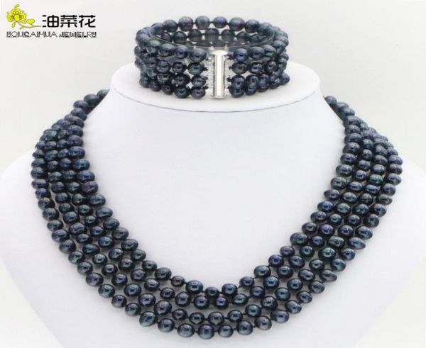 

natural 78mm freshwater pearl 4 row necklace bracelet earring set woman girl wedding christmas highend gift whole8508304, Silver