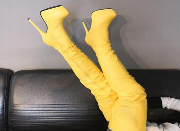 

pink yellow gold matte leather platform long boots woman round toe thin heels thigh boots fashion night club over the knee boots2484471, Black