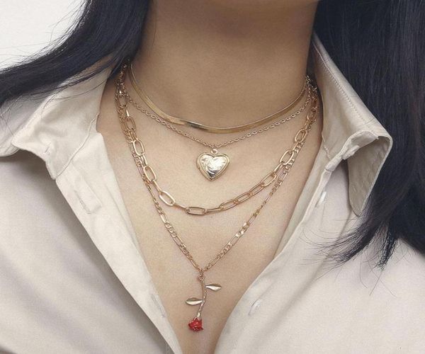 

vintage elegant thick chain rose flower heart pendant necklace for women multilayer chain clavicle necklace jewelry gift4462981, Silver