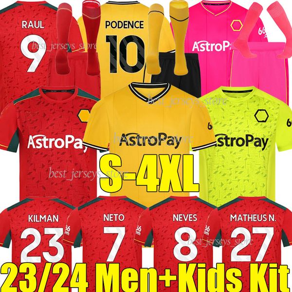 

xxxl 4xl 23/24 wolverhampton wolves soccer jerseys 2023 2024 nunes neves kilman neto cunha podence kalajdzic men kids kits sock sets footbal, Black;yellow