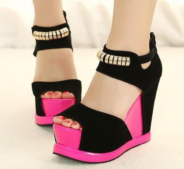 

black with deep pink colorful high heels comfortable dress shoes peep toe wedges3393774