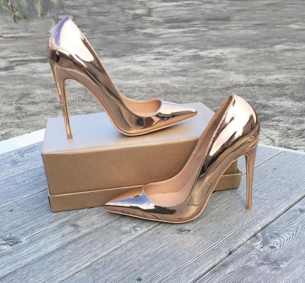 

fashion women pumps casual rose gold patent leather point toe high heels thin heel shoes party 12cm 10cm 8cm dress2948842, Black