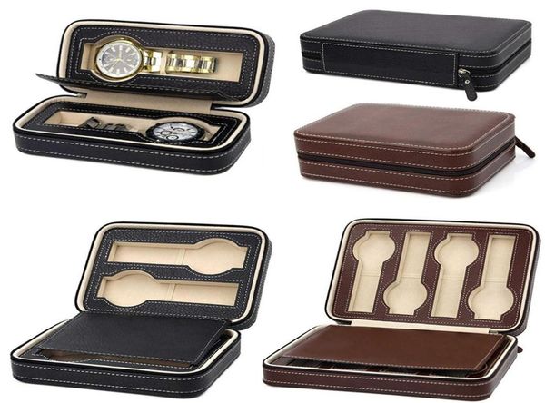 

portable pu leather 2 4 8 slot watch box display case storage watch organizer holder zipper exquisite and durable to lover d35 sh19071589, Black;blue