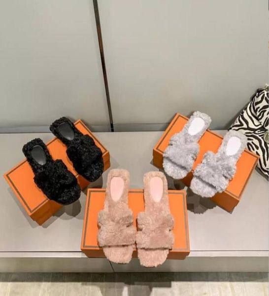 

2022 designer women wool fur slippers leather sandals winter trendy woolskin solid color embroidery slides flip flops luxury 7823357, Black