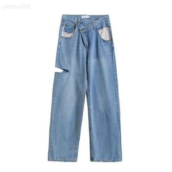 

womens jeans karrram vintage asymmetrical waist hole straight loose denim pants casual wide leg streetwear mom 230828b6mn, Blue