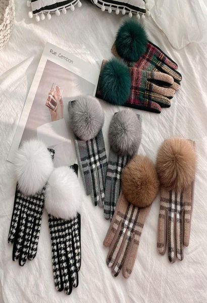 

five fingers gloves touch screen availablecashmere embroidery plaid fox hairball thick glove for fall and winter5829856, Blue;gray