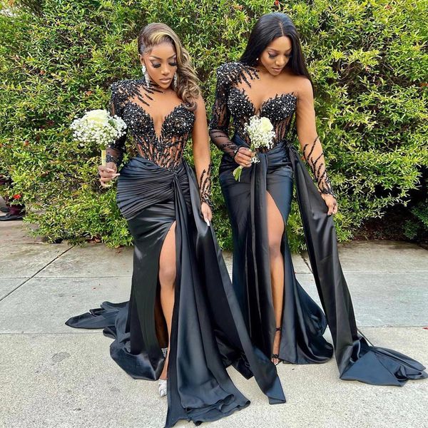 

charming mermaid beaded bridesmaid dresses with long sleeves side split wedding guest dress sequined satin country maid of honor gowns, White;pink