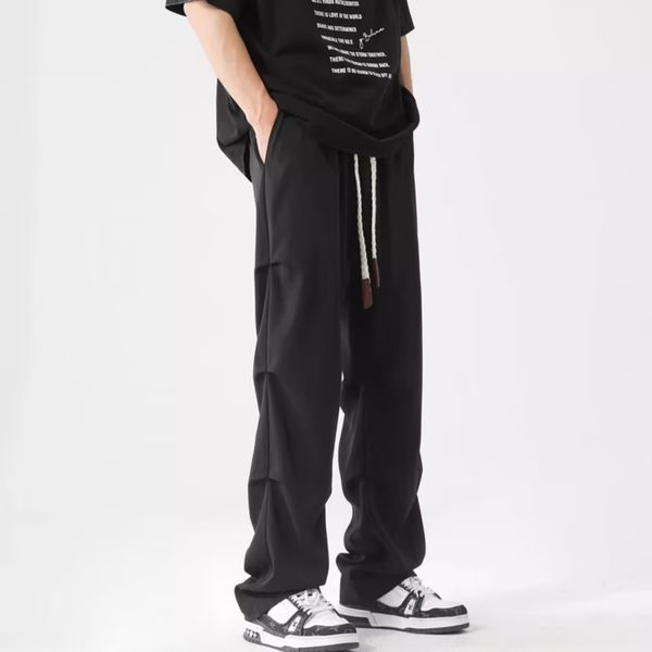 

stacked black ice silk pants men's new fall trend black casual wide-leg pants sag loose straight pants