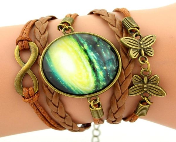 

new leather multilayer braided bracelet bangles galaxy cabochon infinity charms wristband cuff leather bracelet for women men dff32026224, Golden;silver
