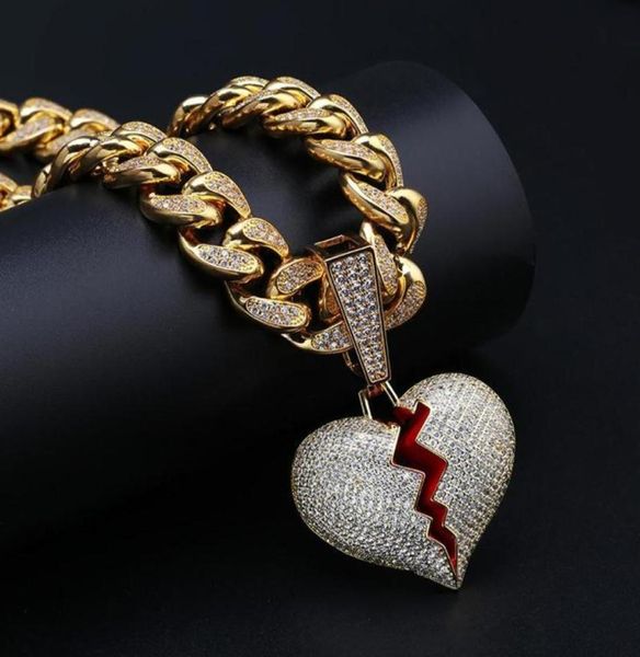 

fashion broken heart iced out chain pendant necklace statement gold color cubic zircon necklace hip hop men039s jewelry gift2874763677, Silver