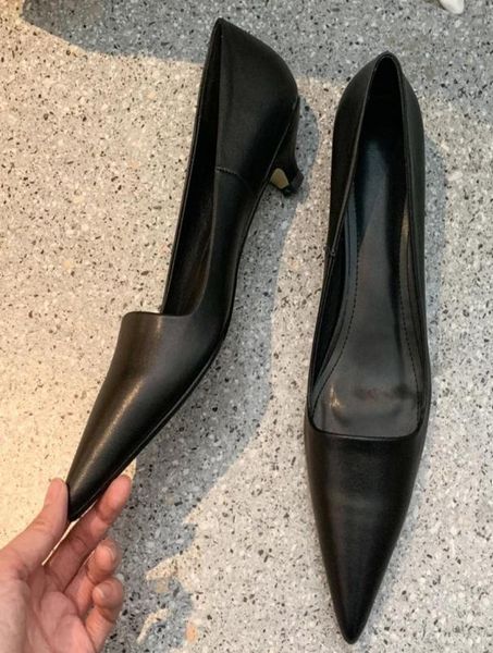 

womens genuine leather kitten heel pointed toe slipon pumps elegant ladies low heel soft comfortable ol style daily shoes 6851425, Black