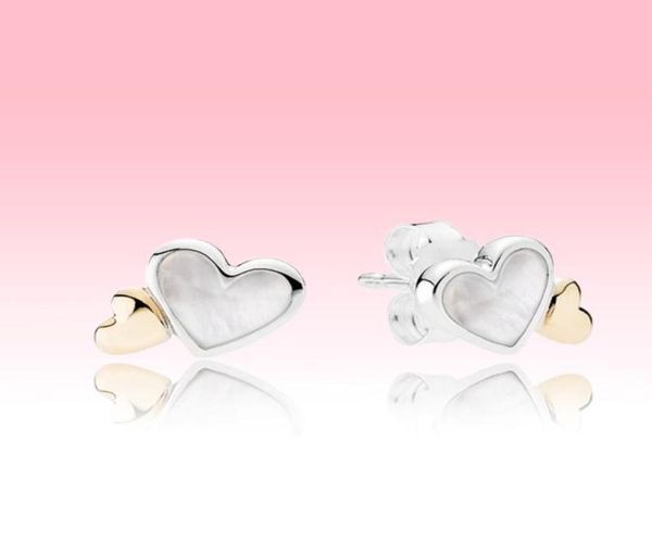 

yellow gold plated double heart stud earring women girls summer jewelry for 925 silver love hearts earrings with original box5328300, Golden;silver