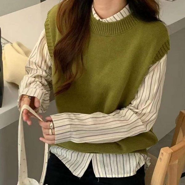 

vintage knitted vest for women pure color sleeveless sweater autumn japanese loose stacked, Black;white