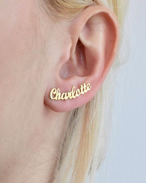 

1 pair personalized custom name earrings for women customize initial cursive nameplate stud earring gift for friend girls4152643, Black