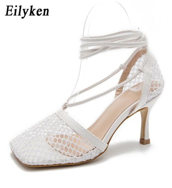 

summer eilyken autumn mesh pumps sandals female square toe high heel lace up crosstied stiletto hollow dress pumps shoes c045862103, Black