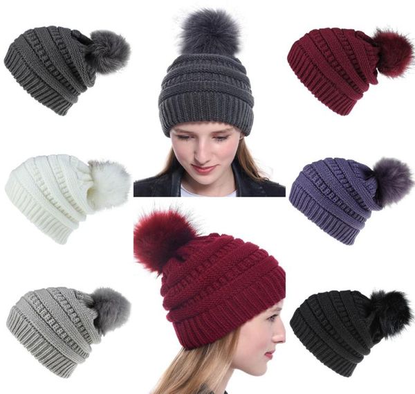 

women knitted hat 9 colors winter pom pom warm fluffy ball beanie ladies skull beanie solid crochet ski outdoor caps ooa82646967316, Blue;gray