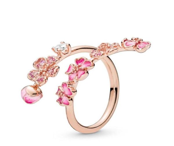 

diamond peach blossom flower ring set original box for pan 925 sterling silver plated 18k rose gold women girls wedding open rings1727084