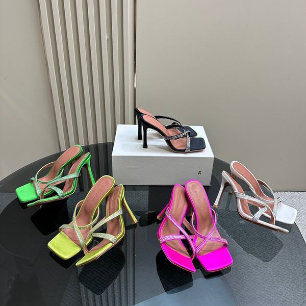 

amina muaddi rhinestone satin cross slippers bow crystal embellished mules spool heels sandals women summer luxury designers shoes with box, Black