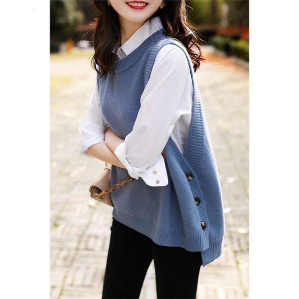 

spring and autumn haze blue knitted vest temperament age reducing coat round neck artistic sense female casual, Black;white