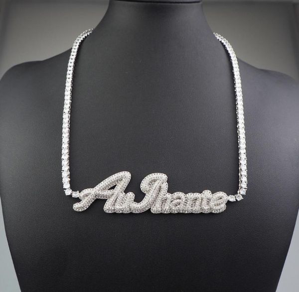 

custom name cursive letter tennis chain necklace for women micro pave pendant solid back hip hop rock street jewelry1870382, Silver