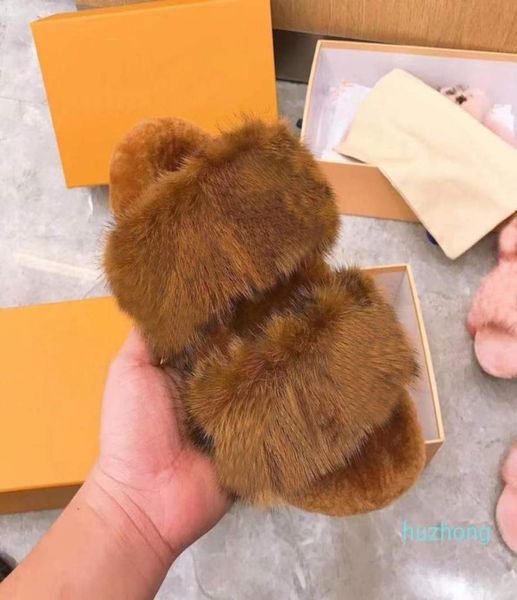 

fashionwomen mink slippers warm cotton fashion ladies flat fur slipper shoes with box size 35409720622, Black