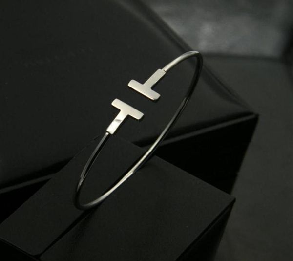 

pulsera mujer new luxury quality fashion women jewelry stainless steel open cuff double t bangle bracelet gold silver rose gold hi241s195982, Black