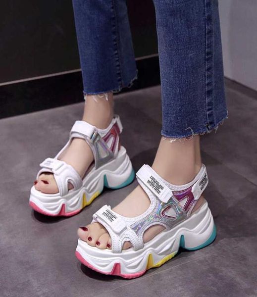 

sandals trendy colorful rainbow sole casual wedge women shoes shiny platform sport ladies footwear sandalias1732552, Black