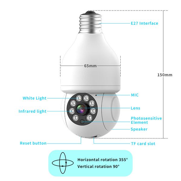 

wifi ptz ip cameras remote hd 360Â° viewing security e27 bulb interface 1080p wireless 360 rotate auto tracking panoramic camera light b299p