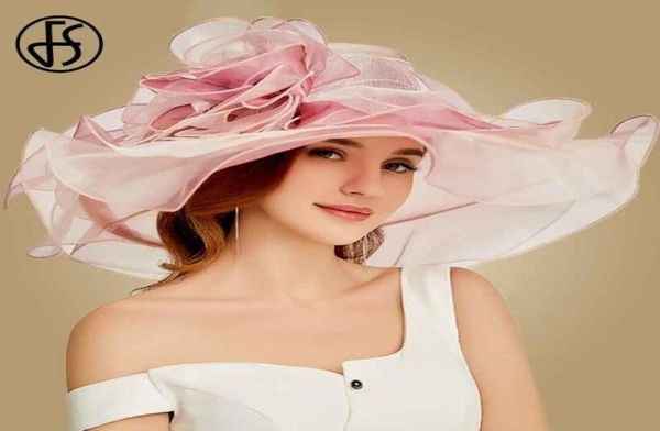 

fs pink kentucky derby hat for women organza sun hats flowers elegant summer large wide brim ladies wedding church fedoras t2006022080622, Blue;gray
