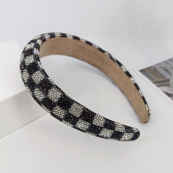 

3.2cm wide sponge fabric checkerboard headband set with diamonds hair accessories headband for women, Silver