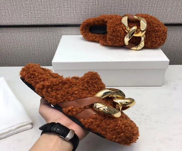 

luxury fur shoes jw andersoonn slippers fur shoes loafer chunky golden chains women chain backless leather loafer cork midsole lad6811225, Black