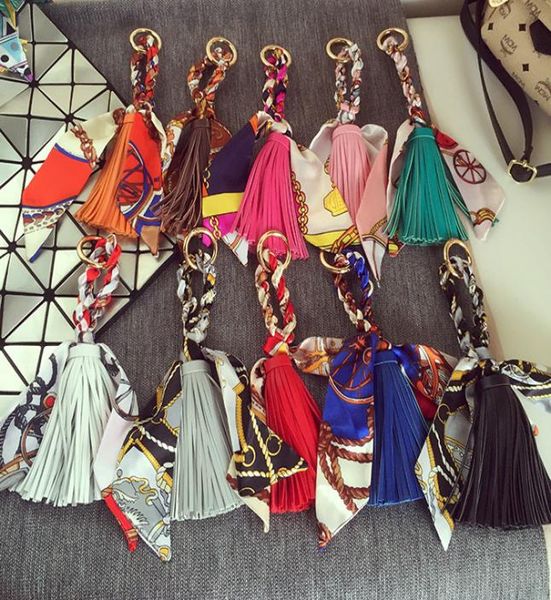 

women luxury keychains scarf pu leather tassel car key chain ring holder fashion pendant bag charm keyring jewelry accessories for3720567, Slivery;golden