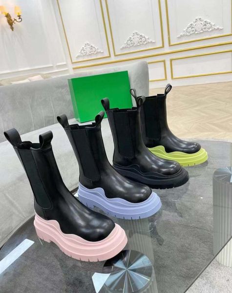

2021 latest tire boots women tires up chunky tread sole wavy oversized rubber round toe platform calf leather pullon ankle boot 39065164, Black