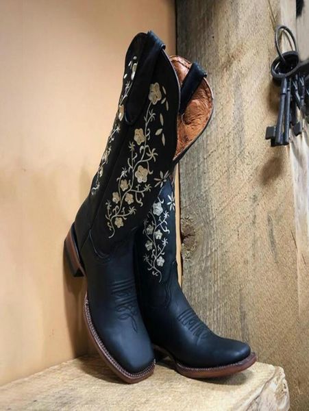 

boots women floral embroidered western warm cowgirl ankle knee high riding vintage outdoor fashion5873643, Black