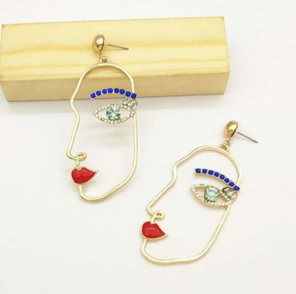 

unique blue crystal human face earrings for women party charm jewelry funny abstract art hollow gold color alloy figure earings6209446, Silver