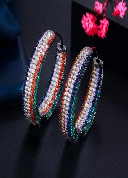 

hoop huggie black gold color blue red cz pave setting round large earrings for women statement party wedding jewelry cz8322854044, Golden;silver