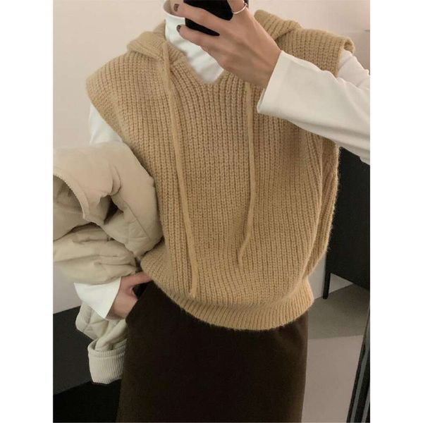 

hooded sweater vest waistcoat loose lazy autumn and winter outerwear pure color simple western style pullover top, Black;white