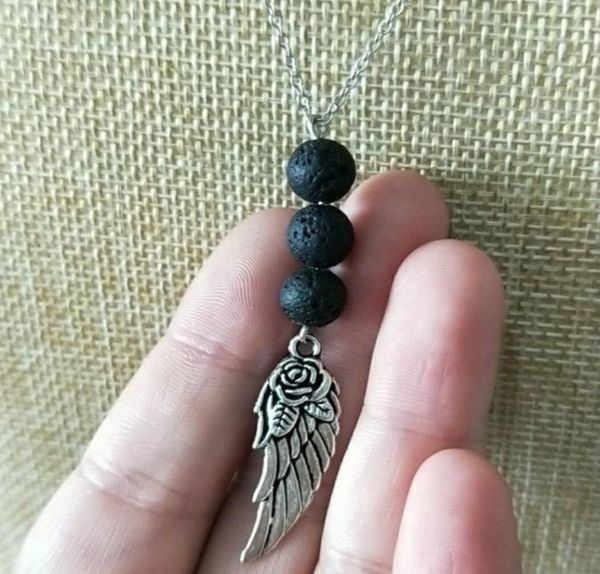

wings charms black lava diffuser pendant necklace volcanic rock bead diy aromatherapy essential oil diffusers necklaces women jewe9413792, Silver